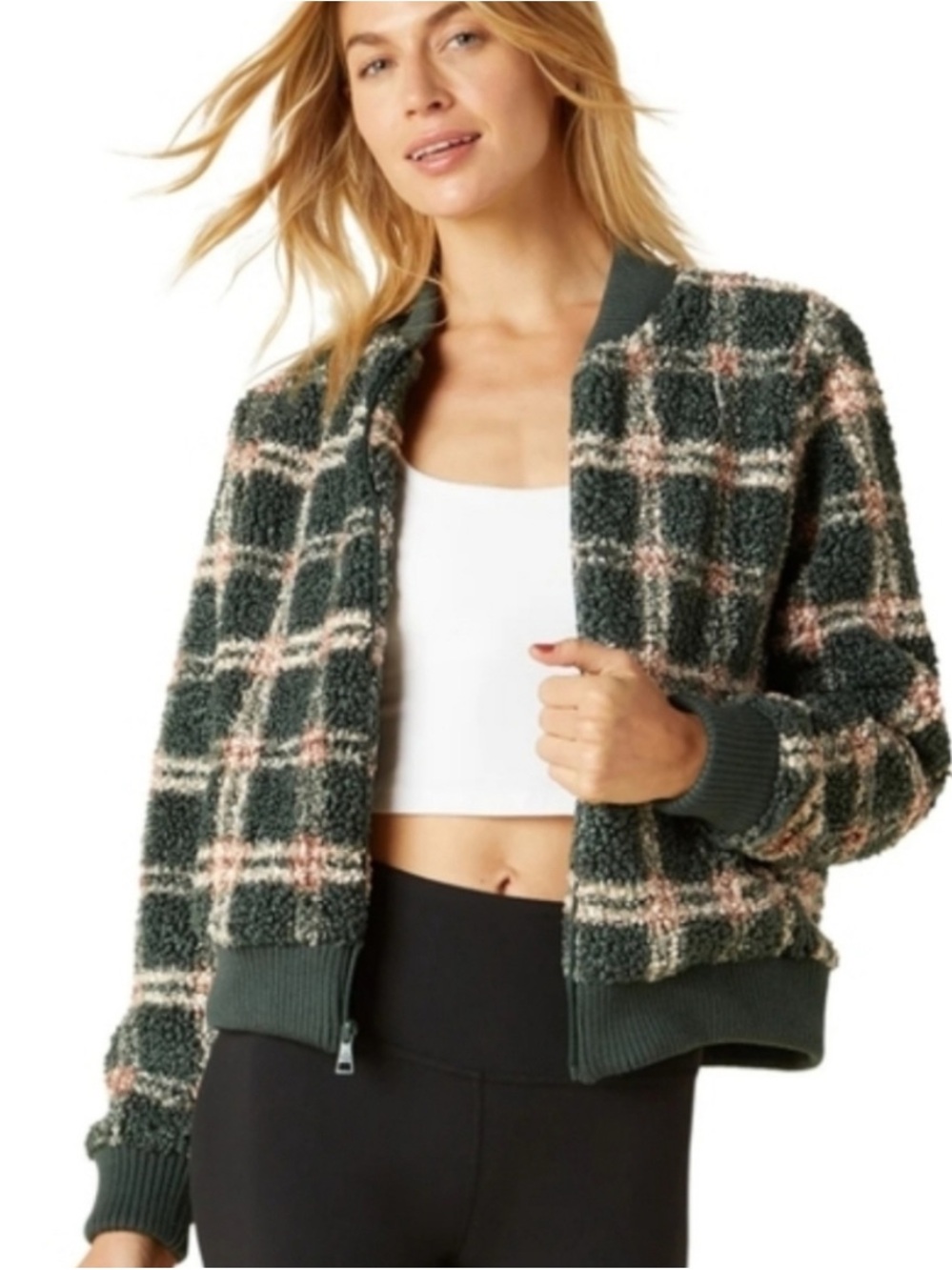 Beyond Yoga Off The Grid Bomber Jacket in a green plaid sherpa fleece M Fuzzy